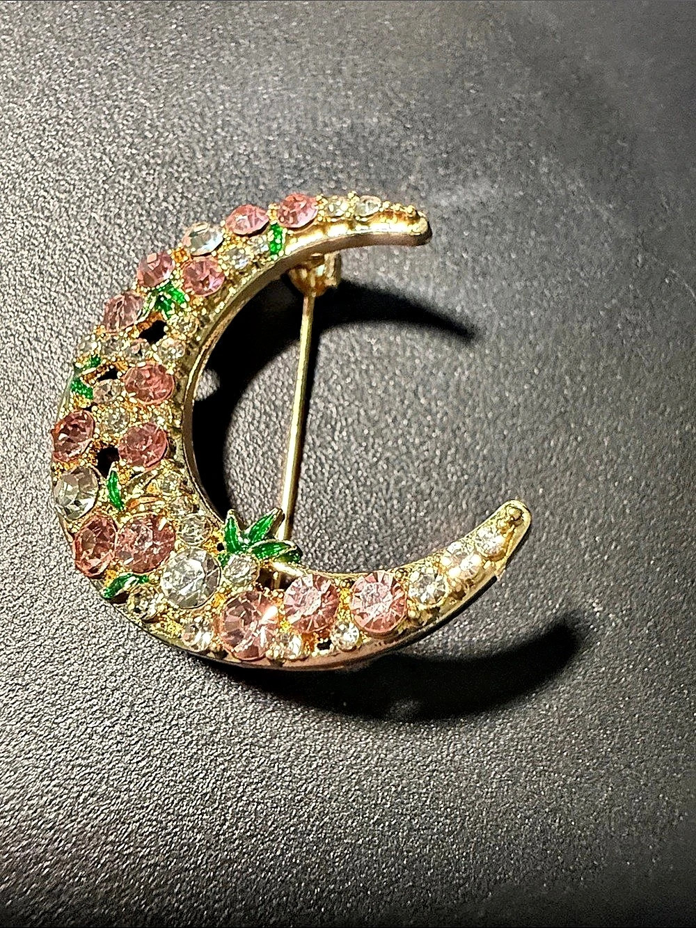 Crescent Rhinestone Brooch in Gold & Pink